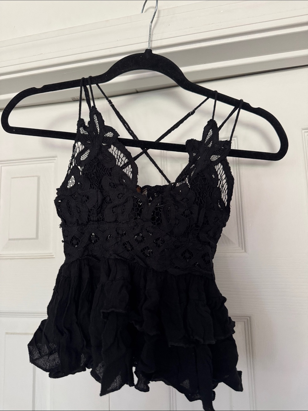 Free people Black Lace Crochet Ruffle Camisole Top